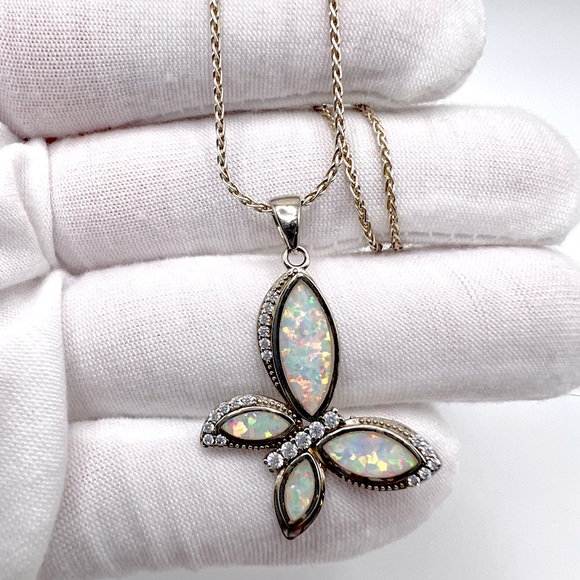.925 Sterling Silver Lab Created Opal & Cz Butterfly Necklace - Picture 10 of 17